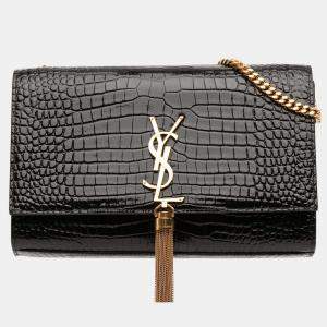 Pre Owned Saint Laurent Paris Black Medium Croc Embossed Leather Kate Tassel Crossbody