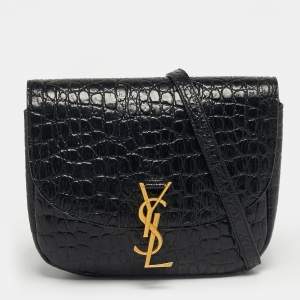 Pre Owned Saint Laurent Kaia Black Croc Embossed Leather Flap Shoulder Bag
