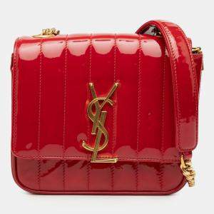 Pre Owned Saint Laurent Paris Red Small Patent Monogram Vicky Chain Bag