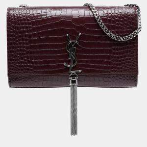Pre Owned Saint Laurent Paris Red Medium Croc Embossed Leather Monogram Kate Tassel Crossbody