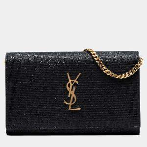 Pre Owned Saint Laurent Paris Black Glitter Galactica Monogram Wallet on Chain