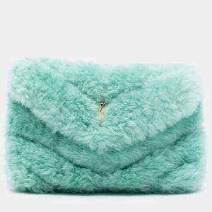 Pre Owned Saint Laurent Paris Green Shearling Loulou Puffer Clutch 