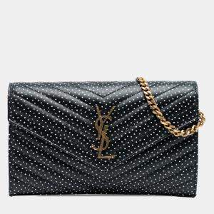 مملوكة مسبقًا Saint Laurent Paris Black White Quilted Chevron Calfskin Polka Dot Monogram Envelope Chain Wallet