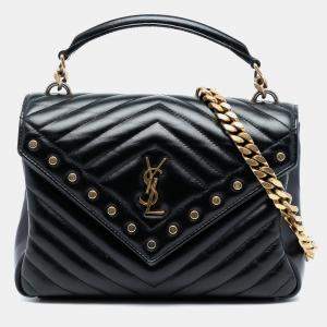 مملوكة مسبقًا Saint Laurent Paris Black Medium Chevron Studded Calfskin Monogram College Satchel