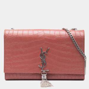 مملوكة مسبقًا Saint Laurent Paris Pink Medium Croc Embossed Leather Kate Tassel Crossbody