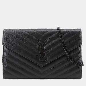 Pre Owned Saint Laurent Cassandra Black Leather Wallet on Chain