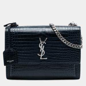 مملوكة مسبقًا حقيبة سان لوران باريس سنسيت مونوغرام منقوش جلد التمساح أسود متوسط