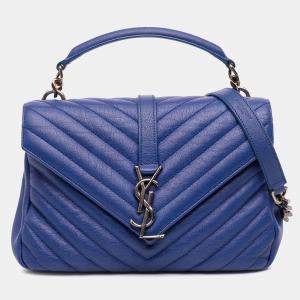 Pre Owned Saint Laurent Paris Blue Medium Quilted Chevron Sheepskin College Satchel