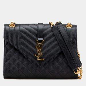 مملوكة مسبقًا Saint Laurent Ysl Logo Envelope Medium Shoulder Bag In Black And Gold Leather