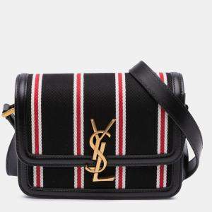 Pre Owned Saint Laurent Paris Black Small Canvas Striped Solferino Satchel In Box