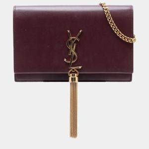 Pre Owned Saint Laurent Paris Red Smooth Calfskin Monogram Kate Tassel Wallet on Chain