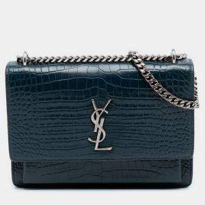 مملوكة مسبقًا حقيبة كروس سان لوران باريس بلو متوسط جلد عجل منقوش كروك صن ست فلاب