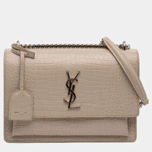 Pre Owned Saint Laurent Paris Brown Medium Croc Embossed Monogram Sunset Bag