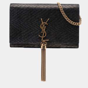 مملوكة مسبقًا Saint Laurent Paris Black Gold Suede Monogram Kate Tassel Wallet on Chain