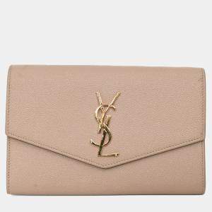 Pre Owned Saint Laurent 2021 Beige Grain De Poudre Leather Uptown Chain Wallet