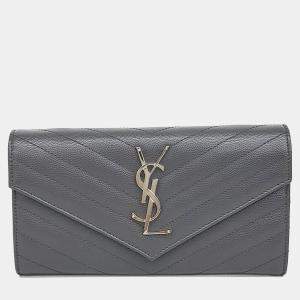 مملوكة مسبقًا محفظة سان لوران باريس كاساندر فلاب جلد رمادي طويلة وقابضة