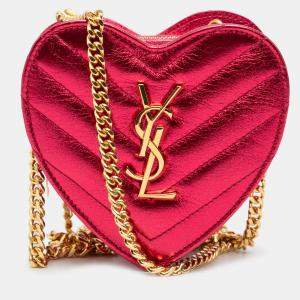Pre Owned Saint Laurent Paris Pink Mini Metallic Leather Chevron Monogram Love Heart Chain Bag