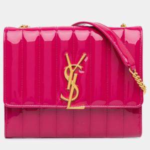 Pre Owned Saint Laurent Paris Pink Medium Patent Vicky Crossbody