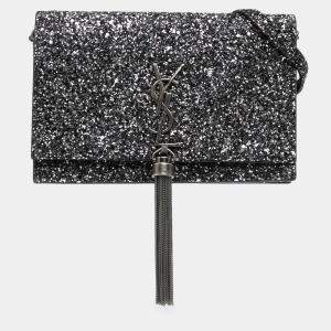 مملوكة مسبقًا Saint Laurent Paris Black Metallic Glitter Monogram Kate Tassel Chain Wallet
