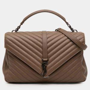 Pre Owned Saint Laurent Paris Brown Large Quilted Chevron Sheepskin College Satchel