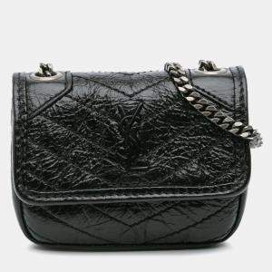 مملوكة مسبقًا حافظة ايربودز سان لوران باريس نيكاي جلد صغير أسود متجعد بسلسلة