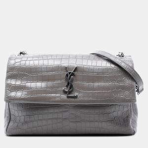 Pre Owned Saint Laurent Paris Medium Croc Embossed Calfskin Monogram West Hollywood Crossbody