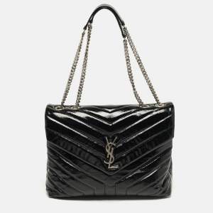 مملوكة مسبقًا Saint Laurent LouLou Medium Black Matelassé Patent Leather Shoulder Bag