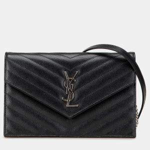مملوكة مسبقًا Saint Laurent Paris Black Grain De Poudre Matelasse Chevron Monogram Chain Wallet