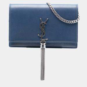 Pre Owned Saint Laurent Paris Blue Smooth Calfskin Monogram Kate Tassel Wallet on Chain