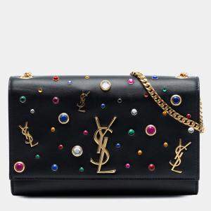 Pre Owned Saint Laurent Paris Black Medium Leather Monogram Kate Jewel Stud Crossbody