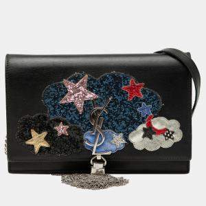 Pre Owned Saint Laurent Paris Black Calfskin Cloud Star Applique Classic Monogram Kate Tassel Wallet on Chain