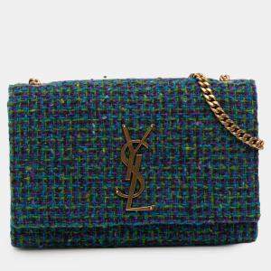 Pre Owned Saint Laurent Paris Blue Small Tweed Monogram Kate Crossbody