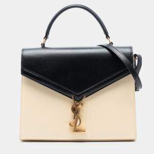 Pre Owned Saint Laurent Paris Black Brown Medium Bicolor Smooth Calfskin Classic Monogram Cassandra Top Handle Bag