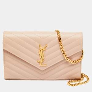 مملوكة مسبقًا Saint Laurent Cassandre Pink Matelassé Leather Wallet on Chain
