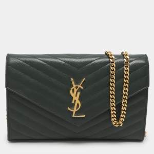 Pre Owned Saint Laurent Dark Green Chevron Quilted Leather Envelope Flap Crossbody Bag