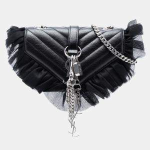 مملوكة مسبقًا Saint Laurent Paris Black Baby Goatskin Tulle Chevron Monogram Classic Punk Chain Bag