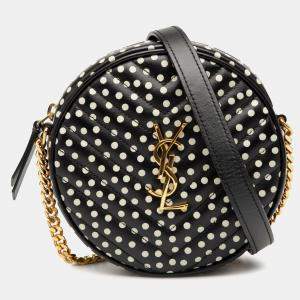مملوكة مسبقًا Saint Laurent Paris Black Chevron Calfskin Round Vinyle Polka Dot Crossbody