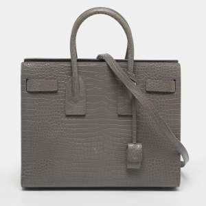 Pre Owned Saint Laurent Classic Sac De Jour Small Grey Croc Embossed Leather Tote