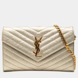 Pre Owned Saint Laurent Paris Gold Metallic Grain De Poudre Matelasse Chevron Monogram Chain Wallet