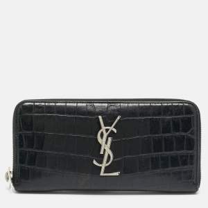 Pre Owned Saint Laurent Cassandre Black Croc Embossed Leather Zip Around Wallet