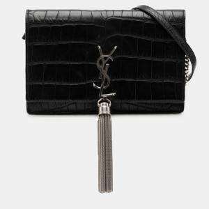 Pre Owned Saint Laurent Paris Black Croc Embossed Leather Monogram Kate Tassel Wallet on Chain