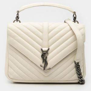 Pre Owned Saint Laurent Paris White Medium Chevron Sheepskin Monogram College Satchel