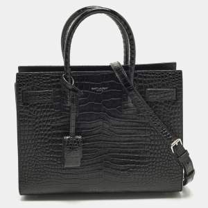 Pre Owned Saint Laurent Classic Sac De Jour Baby Black Croc Embossed Leather Tote