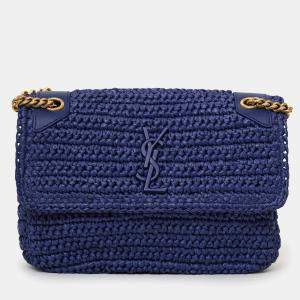 Pre Owned حقيبة كتف نكي متوسطة من رافيا زرقاء سان لوران