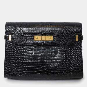 Pre Owned حقيبة كتف سان لوران سوداء بنقشة جلد التمساح مانهاتن