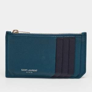 Pre Owned Saint Laurent Fragments Zip Dark Teal Blue/Navy Leather Card Case