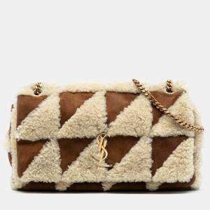 Pre Owned Saint Laurent Paris Brown Medium Suede and Shearling Patchwork Jamie Shoulder Bag