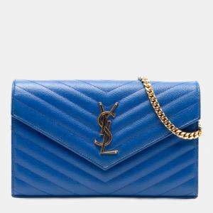 مملوكة مسبقًا Saint Laurent Paris Blue Grain De Poudre Chevron Monogram Envelope Chain Wallet