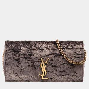 Pre Owned حقيبة سان لوران باريس مونوجرام كيت بُني مخمل محطمة شراشيب 99