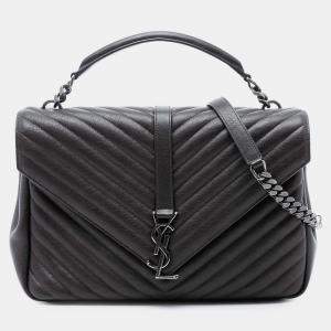 Pre Owned Saint Laurent Paris Brown Large Chevron Sheepskin Monogram College Bag